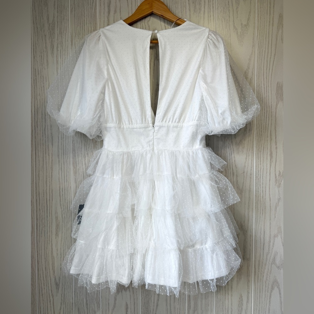 Dramatic Poise White Dot Tulle Puff Sleeve Tiered Mini Dress - Picture 7 of 7